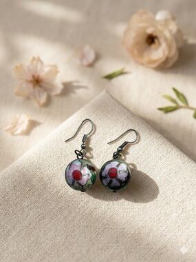 Pink Floral Cloisonné Drop Earrings with Green Accents Handmade